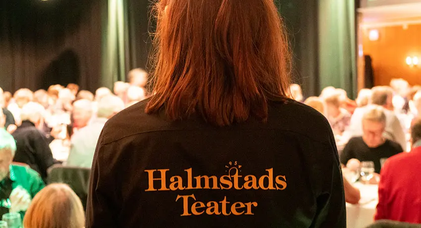 Rygg på personal på teatern med Halmstad Teaters logga på.