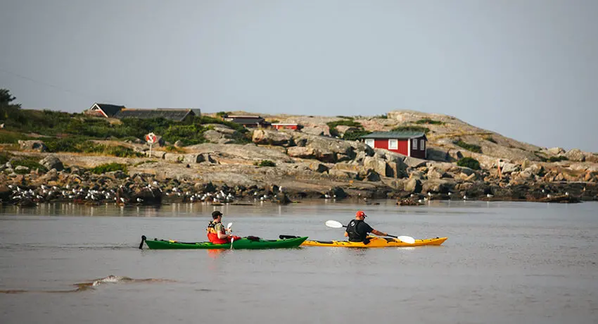 Zwei Personen segeln in einem Kajak auf dem Meer in Halmstad