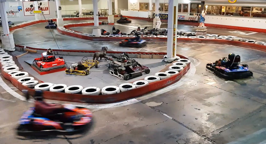 Five cars drive go-karts in the Gokarthallen in Halmstad