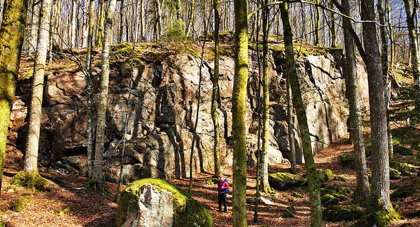 Vandrare nedanför en klippa längs vandringsleden Simlången runt i Halmstad