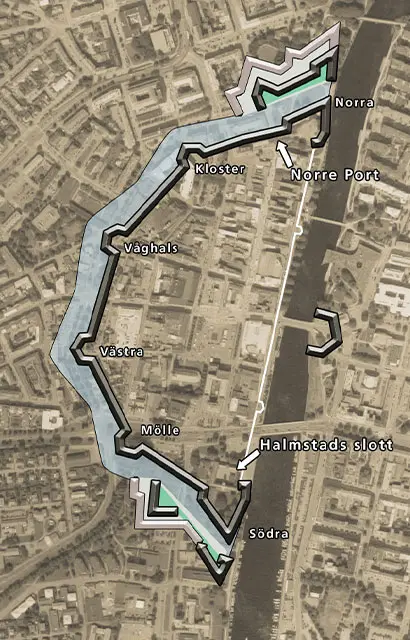 Karta över hur Halmstad Fästning gick